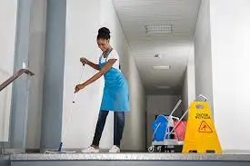 a woman cleaning a walkway